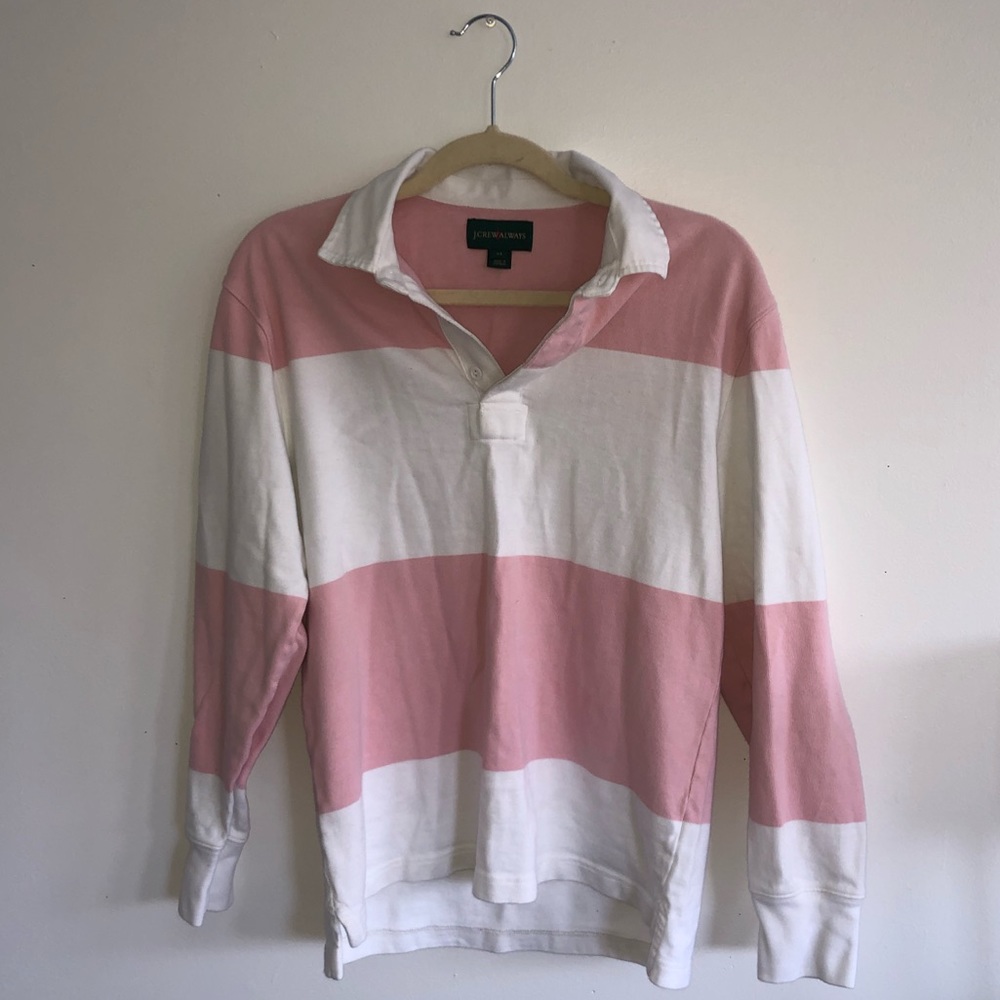 J.Crew Pink+White Stripped Long-sleeve Polo Shirt